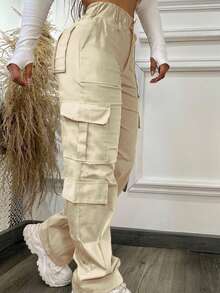 纯色多口袋纽扣休闲Y2K风优雅可爱轻便工作裤。适合返校、毕业典礼、俱乐部、生日派对、万圣节、新年、感恩节、音乐会、健身房、海滩、度假、商务、日常机场穿搭、街头风、教师节、春、夏、秋、冬等各种场合。 - 杏色 - 查看 5