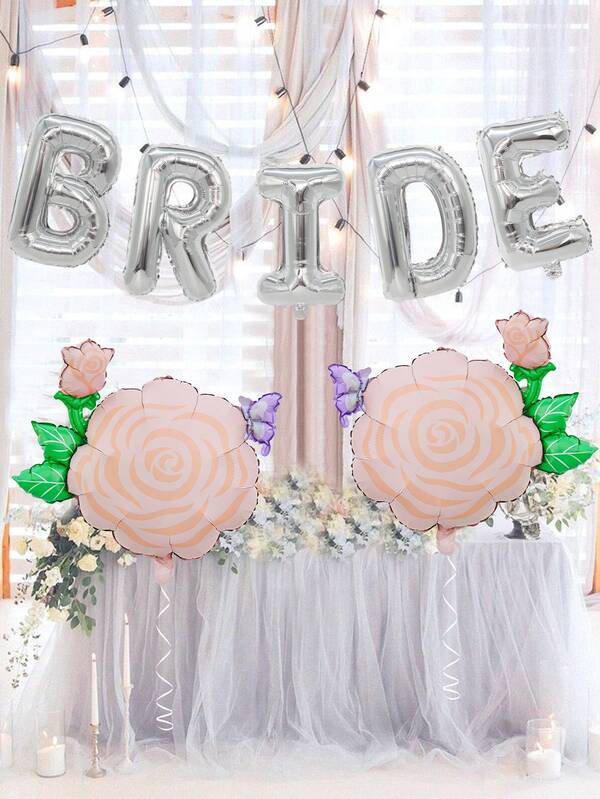 7pcs Wedding Decoration Balloon Set, Includes 16-Inch Silver Letter Balloons "BRIDE", Rose Balloons, Suitable For Wedding Decoration, Birthday Party, Party Decoration, Birthday Party For Girls, Bridal Shower, Anniversary, Party Decoration, Photo Shoot Decor, Bachelorette Party Decor, Influencer Outdoor Photoshoot Decoration