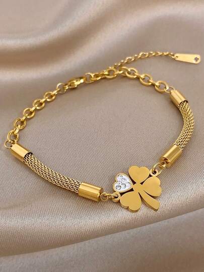 1件18K镀金不锈钢奢华优雅幸运四叶草吊坠网状链手链，女士适用，适合情人节、派对、晚宴、日常佩戴、约会、狂欢节、新年、婚礼、海滩、圣诞节、周年纪念日等场合，优雅妈妈礼物，波西米亚风珠宝，生日伴娘礼物
