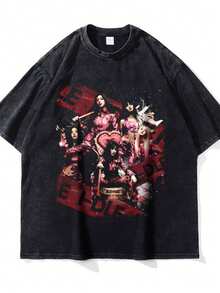 I-DLE K-POP Vintage Wash T-Shirt Short Sleeve Unisex - 黑色 - 查看 1