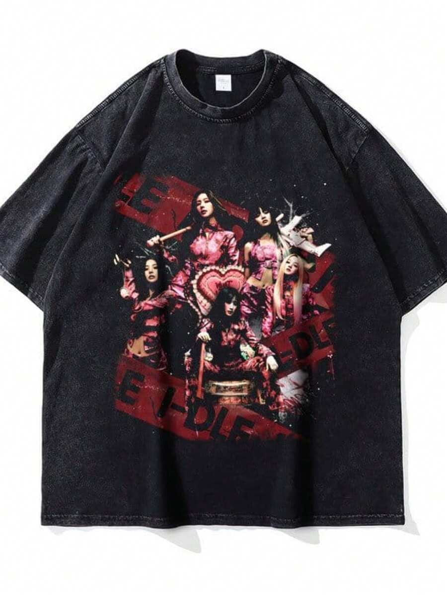 I-DLE K-POP Vintage Wash T-Shirt Short Sleeve Unisex - màu đen - Xem 1