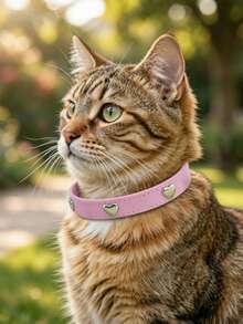 情人节宠物用品，宠物项圈，可调节真皮狗项圈带铃铛，颈带，真皮朋克铆钉心形狗项圈，大号适合小型犬和猫，小狗泰迪熊颈带（粉色）