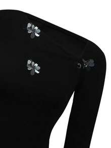 法式亮片花卉不对称肩部设计修身长袖衬衫，秋季 - 黑色 - 查看 9