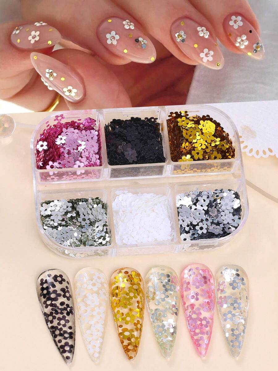 6 miếng dán móng tay hình hoa anh đào mini lấp lấp lánh, họa tiết hoa mùa xuân màu bạc vàng hồng đen trắng, phụ kiện móng tay sáng bóng, dụng cụ làm móng chuyên nghiệp, thích hợp cho các bạn gái tự làm móng. - Nhiều màu - Xem 1