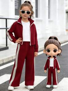 女童时尚运动服套装，侧条纹设计立领拉链长袖上衣 + 侧条纹直筒裤，春秋季时尚运动服套装，适合日常休闲穿着和轻度运动、户外活动 - 酒紅色 - 查看 1