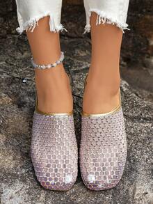 Women's Rhombus Mesh Sequin Mule Shoes, Summer New Flat Closed Toe Slip-On Fashion Slouchy Sandals - Pink - View 3