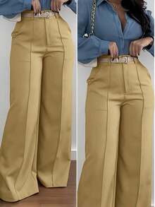 Solid Color Zipper Pocket Button Waistless Elegant Fashion Versatile Suit Pants For Commuting - 卡其色 - 查看 2