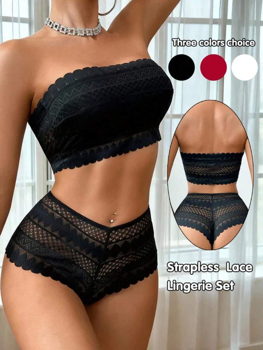 Conjunto de Bralette sin tirantes de encaje, conjunto de sujetador y bragas sin relleno inalámbrico para mujer, lencería cómoda sin costuras para boda, S-XL - BLANCO - Ver 1