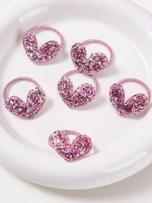 10pcs/Pack Girls' Shiny Sequin Heart Shaped Pink Ribbon Elastic Hair Ties, Cute & Versatile, Suitable For Daily Use - Pink - View 3