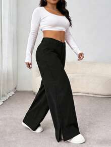 High Waist Slant Pocket Flared Leg Pants, Contrast Color Velvet Button Pockets, Suitable For School And Office - Black - View 5