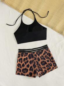 女士性感吊带两件套背心上衣和条纹弹力腰带泳裤沙滩泳装套装，夏季 - 彩色 - 查看 2