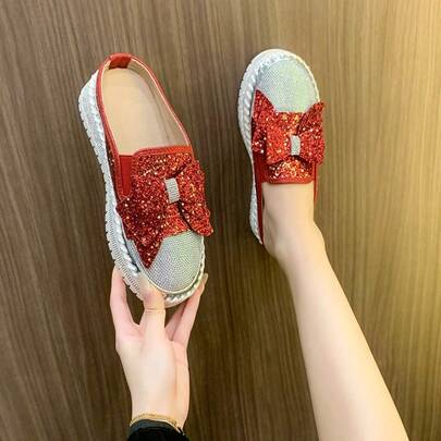 Sandales plates à enfiler pour femmes, printemps/été, chaussures ornées de strass pailletés, mocassins décontractés à enfiler