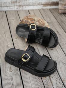 Nuevas sandalias de cuña con hebilla metálica decorativa, cómodas y antideslizantes, versátiles y fáciles de limpiar, adecuadas para la playa y el uso diario - Negro - Ver 5