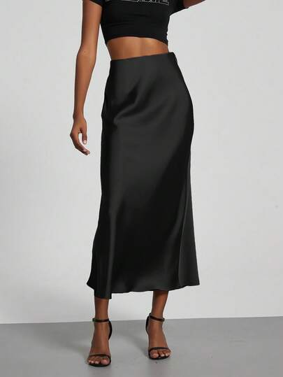 Women's Elastic Satin Casual Solid Color Maxi Skirt Spring