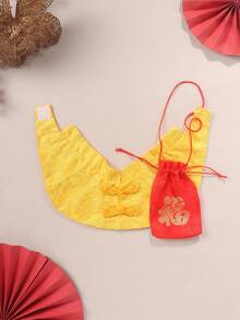 一套涤纶唐装围巾和红包，节日风格，适合小型宠物 - 黃色 - 查看 2