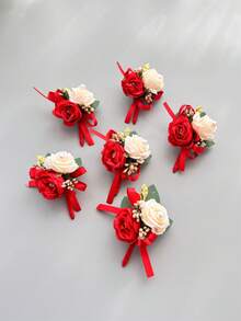 1pc/6pcs Artificial Silk Rose Flower Groom Boutonniere Man Brother Corsage Graduate Pin Suit Wedding Flowers Party Deocration - Red - View 6