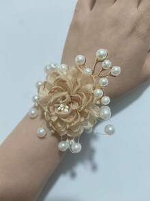 1pc/2pcs Luxury Rose Flower With Small Beads Metal Alloy Combination Camellia Flower And Pearl Chain Wrist Corsage, Suitable For Groom, Bride, Groomsman, Bridesmaid, Wedding, Engagement, Party, Travel, Evening, Campus Celebration, Valentine's Day Decoration - 718 Champagne - View 3