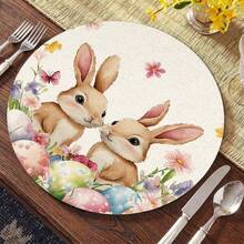 2/4/6pcs Happy Spring Easter 2 Brown Bunny Egg Element Placemats, Easter Eggs & Flowers Seasonal Dining Table Decor, Spring Holiday Placemats Suitable For Home Party, Kitchen Decoration