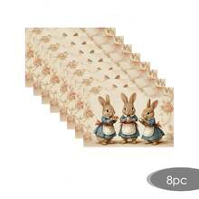 2/4/6/8pcs Rectangular Vintage Easter Happy Placemats, Vintage Easter Dining Table Decor With 3pcs Brown Rabbit Apron Floral Pattern, Seasonal Holiday Placemats For Kitchen Dining Room