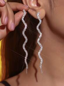 1 Pair Minimalist Rhinestone S-Shaped Long Tassel Earrings, Elegant & Versatile For Women
