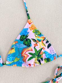 Floral Print Sexy Casual Tie-Back Backless Bikini Set, Suitable For Vacation & Beach, Summer - Mint Blue - View 4