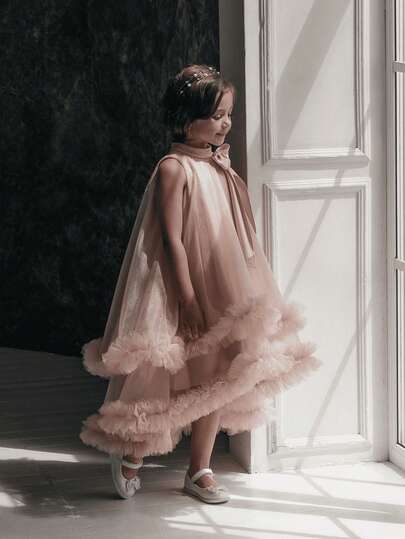 Young Girl Pink Bow Graduation Dress, Tulle Skirt With Small Train, Elegant Princess Dress Suitable For Girls Birthday Party, Wedding, Prom, Holiday Celebration