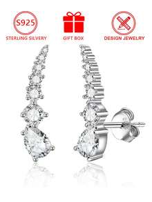 1件925纯银女士渐变立方氧化锆水滴形弧形耳钉（闪耀弧影系列），礼盒包装，适合日常佩戴和送礼 - 銀色 - 查看 2
