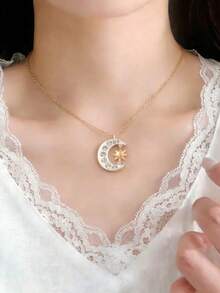 1件时尚日月水钻吊坠项链，优雅简约设计，适合日常、派对、约会等各种场合佩戴。 - 彩色 - 查看 7