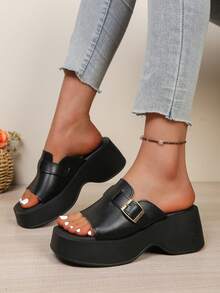 女士时尚坡跟拖鞋，复古软皮黑色凉鞋，新款法式粗跟凉拖，沙滩鞋 - 黑色 - 查看 3