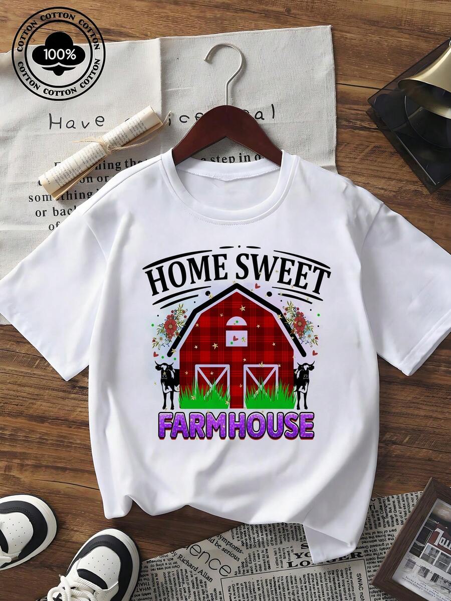 Damen Kurzarm Rundhals Grafik T-Shirt mit Motiv "Home Sweet Farmhouse" mit karierter Scheune und Blumenmuster, lässig geschnittenes Lässig Top für den Sommer Alltag - Weiss - Übersicht 1