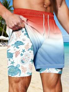 Men's Ombre Turtle Print Double Layer Casual Beach Shorts - Multicolor - View 1