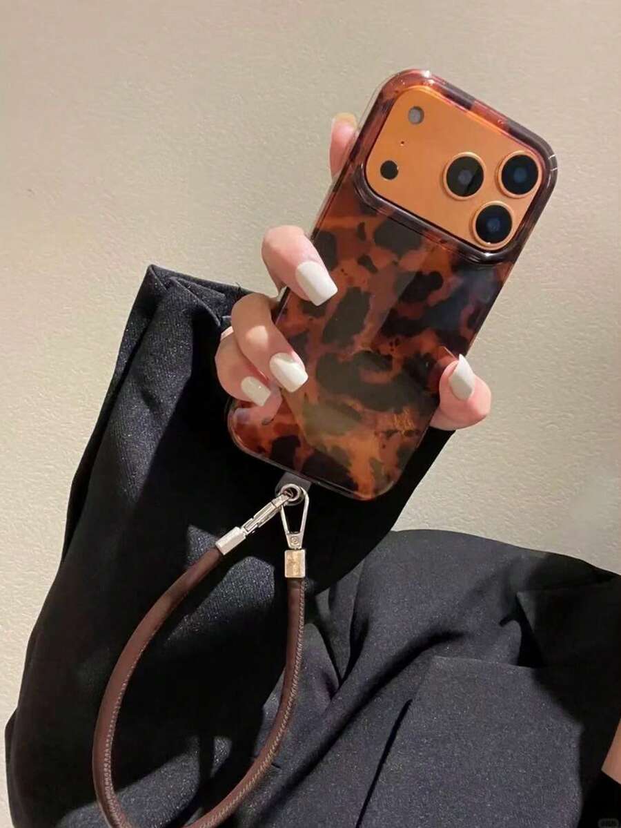 Luxury Leopard Print Shell Texture Phone Case, Compatible With IPhone 17 Pro Max, 17 Pro, 17 Air, 17, 16, 15, 14 Plus, 13, 12 Pro Max, 11, Fashionable Shock-Resistant Back Cover - Gold Base Leopard Print + Rope - View 1