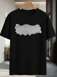 T-shirt nera in cotone con stampa a spirale per l'autunno, cotone morbido, stampa accattivante, casual, traspirante - nero - Visualizzare 2