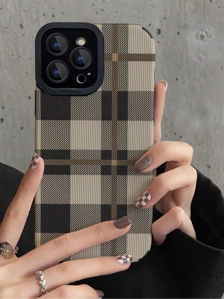 1件装撞色格纹皮革纹理防摔手机壳，兼容苹果及其他型号 - 彩色 - 查看 1