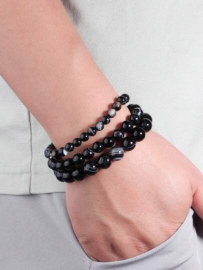 1件时尚天然黑色条纹玛瑙手链，象征平衡、稳定、勇气和活力，宝石手链能量与保护疗愈饰品，男女皆宜，日常佩戴的理想礼物