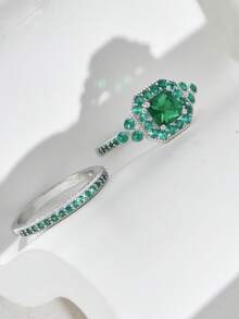 两件套波西米亚风绿色立方氧化锆订婚戒指套装，情侣款 - 婚礼和情人节的完美之选 - 戒指 - 查看 4