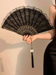 1pc Gothic Lace Parasol, Romantic Princess Umbrella For Bridal, Wedding, Holiday Party, Dance Props - Elegant Black Lace Parasol And Fan Set With Floral Pattern, Suitable For Wedding And Halloween Costume Accessories, Photography, Wedding Supplies - Black - View 13