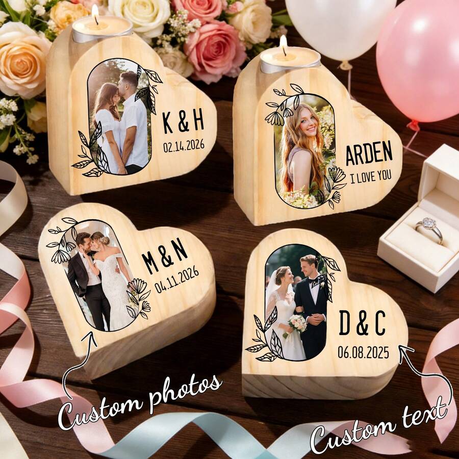 1pc Customized Wooden Candle Holder, Can Customize With Personal Photo, Name, Text, Date, Anniversary Decor, Heart-Shaped, Gift For Girlfriend/Boyfriend/Dad/Mom, Festival/Birthday/Valentine's Day