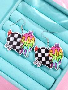 1 Pair Fashionable, Unique, Elegant, High-End, Creative Y2K Vibrant Heart & Plaid Earrings, Suitable For Daily Wear, Festivals, Parties - Multicolor - View 6