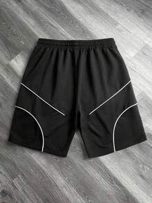 男士黑色短裤，饰有白色弧形缝线细节和弹性腰带，街头风 - 黑色 - 查看 5