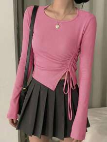 Fashionable Sexy Crop Top With Drawstring, Women's Party/Banquet Atmosphere Long Sleeve Blouse - 083 Pink - View 1