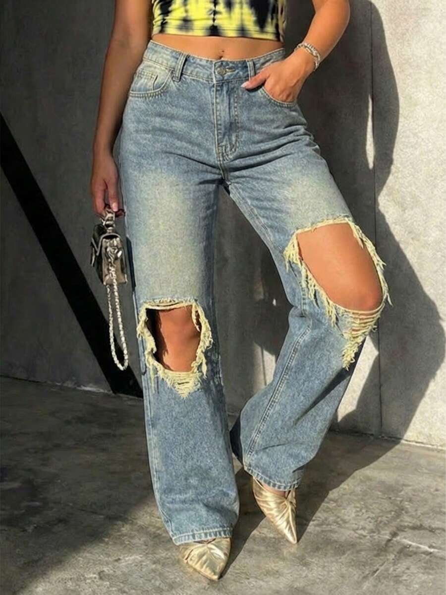 Women's Casual Vintage Distressed Loose Straight Leg Jeans - Navy Blue - View 1