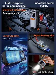 Démarreur de voiture portable avec compresseur d'air, batterie de démarrage, 5000A de crête avec gonfleur de pneus 150 PSI, bloc d'alimentation de batterie de voiture 12V, démarreur de voiture portable, fonction 5 en 1 de démarrage, chargeur de batterie - Multicolore - Voir 9