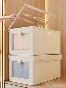 Large Capacity Storage Basket, Durable Fabric Closet Storage Box With Transparent Window, Foldable With Lid, Suitable For Home Storage, Household Essentials Organization, Foldable Storage Box, Clothing Storage Box, Storage Container - Beige - View 2