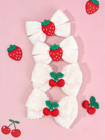 4PCS Lace Strawberry&Cherry Hair Bows For Girls Silk White Solid Color Hair Clips Alligator Clips Cute Sweet Style Hair Barrettes For Vacation And Casual Daily Wear Hairpins Teens Hair Accerssories