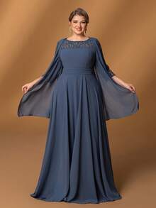 Faeriesty 大码女士蕾丝袖优雅雪纺正式晚礼服，适合新娘和新娘母亲，情人节适用 - 霧霾藍 - 查看 1