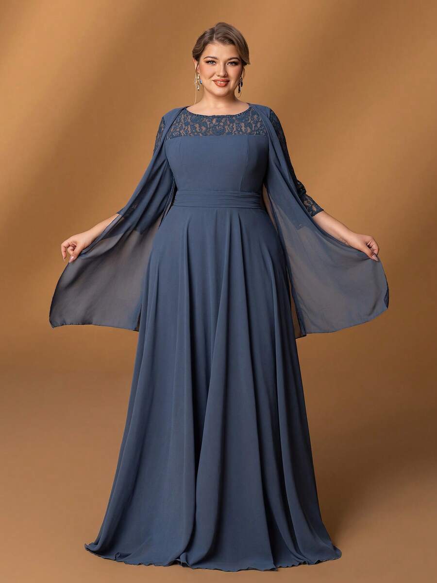 Faeriesty 大码女士蕾丝袖优雅雪纺正式晚礼服，适合新娘和新娘母亲，情人节适用 - 霧霾藍 - 查看 1