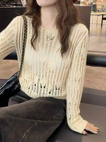 可爱镂空休闲长袖圆领毛衣，韩版风格，春夏款