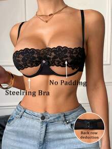 性感内衣黑色蕾丝撞色网纱女士趣味蝴蝶结花卉钢圈文胸，后背搭扣设计 - 黑色 - 查看 4