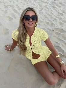 Women's Summer Vacation Set, Crochet Mesh Sexy Hollow Out Beach Short Sleeve Knit Cover Up + Shorts 2 Piece Set - Women's Vacation 2 Piece Set, Crochet Cover Up Nightclub Outfit, Women's Sexy Fitted Style - 淺黃色 - 查看 5